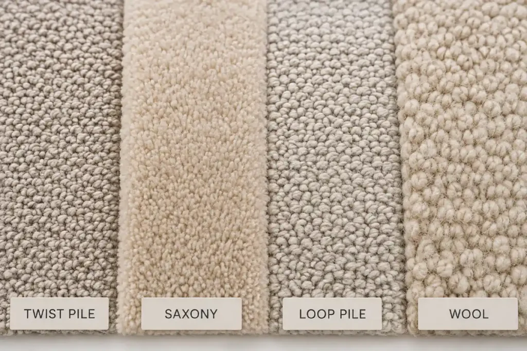 Different carpet types including twist pile Saxony loop pile and wool
