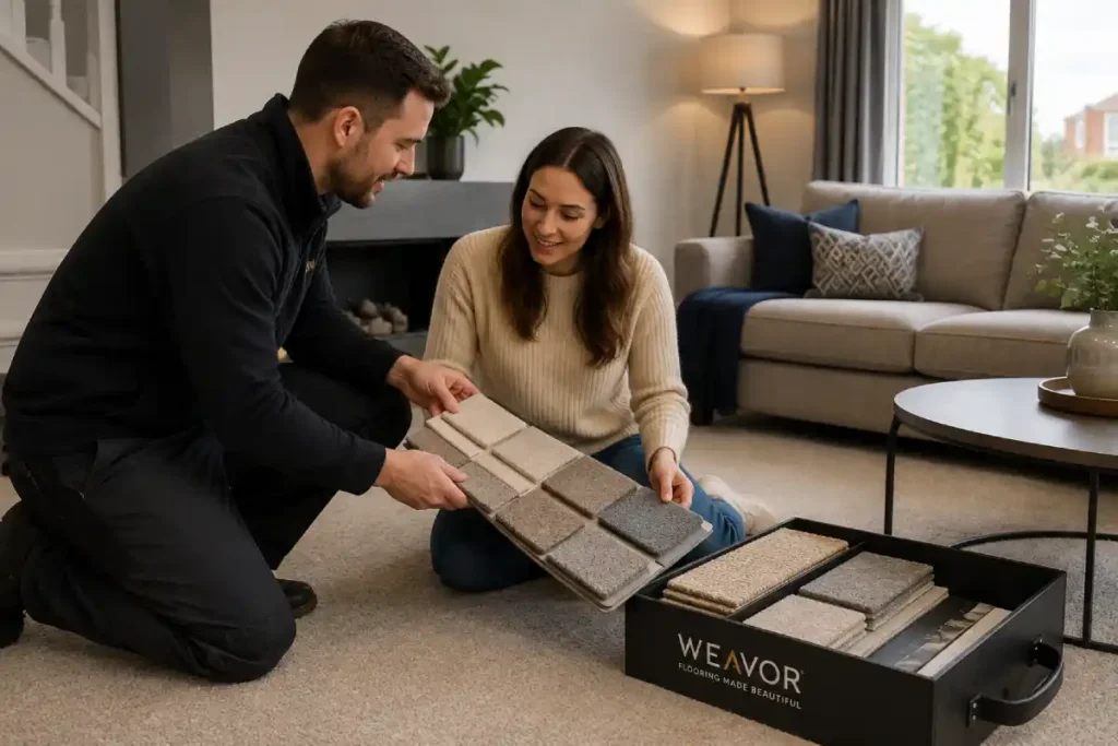 Carpet specialist showing a selection of carpet samples inside a customer's Milton Keynes home.
