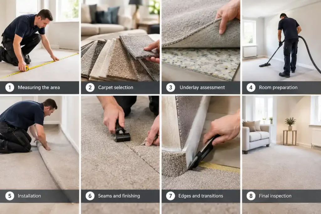 Carpet Supply and Fit in Milton Keynes: A Complete Guide for Homeowners 3 Professional carpet supply and fitting process showing measuring, carpet selection, underlay assessment, room preparation, installation, seam finishing, edge detailing, and final inspection