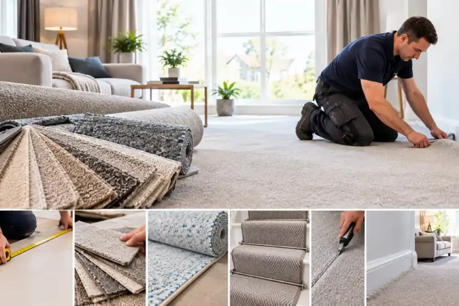Carpet Supply and Fit in Milton Keynes: A Complete Guide for Homeowners 2 Professional carpet supply and fitting service in Milton Keynes showing carpet installation, measuring, carpet samples, underlay and finishing.